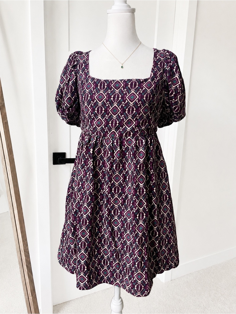Jacquie the Label Purple Geometric Puff-Sleeve Corduroy Mini Dress